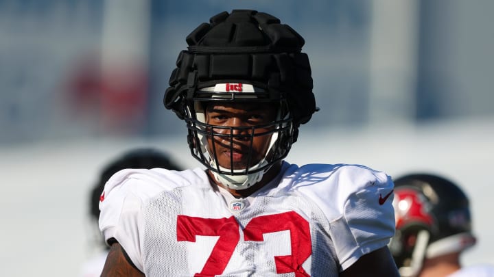 Aug 3, 2023; Tampa Bay, FL, USA;  Tampa Bay Buccaneers offensive tackle Brandon Walton (73) participates in training camp at AdventHealth Training Center. Mandatory Credit: Nathan Ray Seebeck-USA TODAY Sports