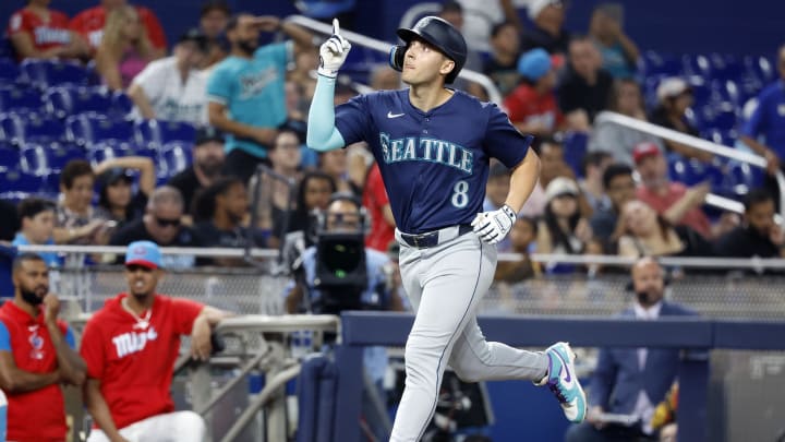 Seattle Mariners right fielder Dominic Canzone (8) celebrates after hitting a solo home run against the Miami Marlins in the fifth inning at loanDepot Park on June 22.