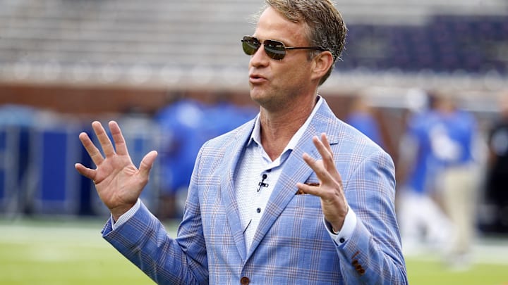 Mississippi Rebels head coach Lane Kiffin interviews prior to the game against the Kentucky Wildcats at Vaught-Hemingway Stadium. Mississippi Rebels head coach Lane Kiffin interviews prior to the game against the Kentucky Wildcats at Vaught-Hemingway Stadium.