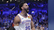 Oct 28, 2025; Oklahoma City, Oklahoma, USA; Oklahoma City Thunder guard Ajay Mitchell (25) celebrates after scoring against the Sacramento Kings during the second half at Paycom Center. Mandatory Credit: Alonzo Adams-Imagn Images