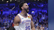 Oct 28, 2025; Oklahoma City, Oklahoma, USA; Oklahoma City Thunder guard Ajay Mitchell (25) celebrates after scoring against the Sacramento Kings during the second half at Paycom Center. Mandatory Credit: Alonzo Adams-Imagn Images
