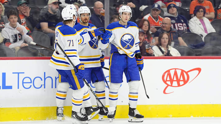 Mar 29, 2025; Philadelphia, Pennsylvania, USA; Buffalo Sabres right wing Jack Quinn (22) reacts with teammates after scoring a goal against the Philadelphia Flyers in the first period at Wells Fargo Center. Mandatory Credit: Kyle Ross-Imagn Images