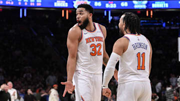 Dec 5, 2024; New York, New York, USA; New York Knicks center Karl-Anthony Towns (32) and New York Knicks guard Jalen Brunson (11) react during the second half against the Charlotte Hornets at Madison Square Garden. Mandatory Credit: John Jones-Imagn Images