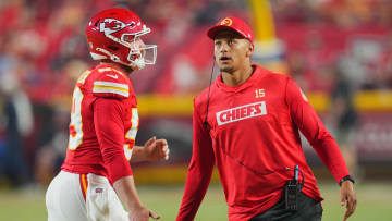 Aug 22, 2024; Kansas City, Missouri, USA; Kansas City Chiefs quarterback Patrick Mahomes (15) greets long snapper Randen Plattner (59) after a touchdown during the second half against the Chicago Bears at GEHA Field at Arrowhead Stadium. Mandatory Credit: Jay Biggerstaff-USA TODAY Sports