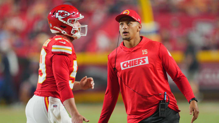 Aug 22, 2024; Kansas City, Missouri, USA; Kansas City Chiefs quarterback Patrick Mahomes (15) greets long snapper Randen Plattner (59) after a touchdown during the second half against the Chicago Bears at GEHA Field at Arrowhead Stadium. Mandatory Credit: Jay Biggerstaff-USA TODAY Sports