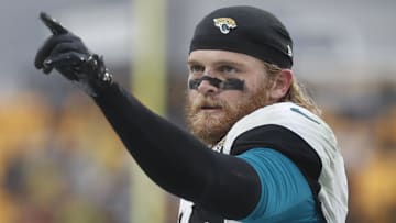 Oct 29, 2023; Pittsburgh, Pennsylvania, USA; Jacksonville Jaguars safety Andrew Wingard (42) reacts to the crowd against the Pittsburgh Steelers during the fourth quarter at Acrisure Stadium. Mandatory Credit: Charles LeClaire-Imagn Images