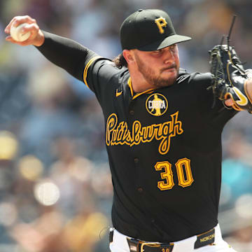 Aug 24, 2025; Pittsburgh, Pennsylvania, USA;  Pittsburgh Pirates starting pitcher Paul Skenes (30) pitches against the Colorado Rockies during the seventh inning at PNC Park. Mandatory Credit: Charles LeClaire-Imagn Images
