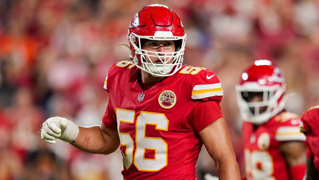 Sep 14, 2026; Kansas City, Missouri, USA; Kansas City Chiefs defensive end George Karlaftis (56) reacts during the second half against the Denver Broncos at Arrowhead Stadium. Mandatory Credit: Jay Biggerstaff-Imagn Images Sep 14, 2026; Kansas City, Missouri, USA; Kansas City Chiefs defensive end George Karlaftis (56) reacts during the second half against the Denver Broncos at Arrowhead Stadium. Mandatory Credit: Jay Biggerstaff-Imagn Images