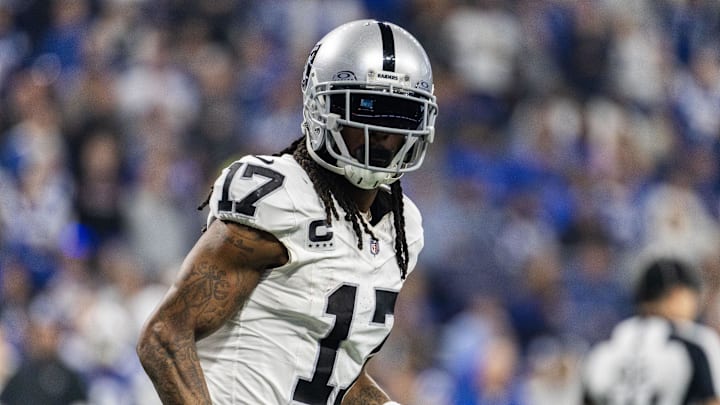 Dec 31, 2023; Indianapolis, Indiana, USA; Las Vegas Raiders wide receiver Davante Adams (17) celebrates his touchdown in the second half against the Indianapolis Colts at Lucas Oil Stadium. Mandatory Credit: Trevor Ruszkowski-Imagn Images Dec 31, 2023; Indianapolis, Indiana, USA; Las Vegas Raiders wide receiver Davante Adams (17) celebrates his touchdown in the second half against the Indianapolis Colts at Lucas Oil Stadium. Mandatory Credit: Trevor Ruszkowski-Imagn Images