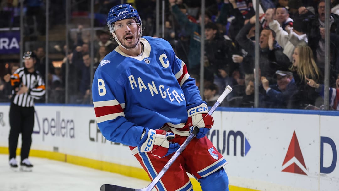 Dec 13, 2025; New York, New York, USA;  New York Rangers center J.T. Miller (8) at Madison Square Garden. Mandatory Credit: Wendell Cruz-Imagn Images