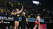 Iowa's Kylie Welker, left, defeated North Central's Yelena Makoyed in the 170-pound championship match on Saturday, March 9, 2024, during the NCWWCs at Alliant Energy PowerHouse in Cedar Rapids, Iowa.