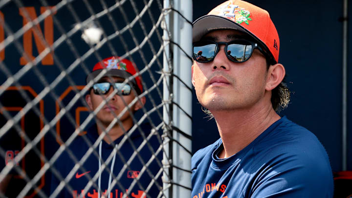 Feb 22, 2026; West Palm Beach, Florida, USA; Houston Astros starting pitcher Tatsuya Imai (45) looks on from inside the dugout before the game against the St. Louis Cardinals at CACTI Park of the Palm Beaches. Mandatory Credit: Sam Navarro-Imagn Images