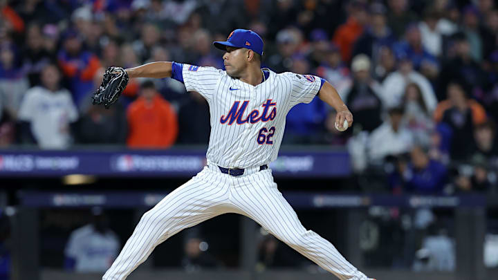 Oct 17, 2024; New York City, New York, USA; New York Mets pitcher Jose Quintana (62) throws a pitch against the Los Angeles Dodgers in the first inning during game four of the NLCS for the 2024 MLB playoffs at Citi Field. Mandatory Credit: Brad Penner-Imagn Images