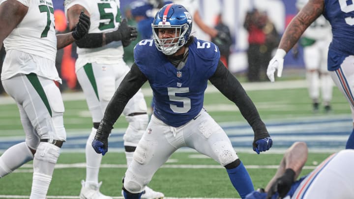 Oct 29, 2023; East Rutherford, New Jersey, USA; New York Giants linebacker Kayvon Thibodeaux (5) reacts after sacking New York Jets quarterback Zach Wilson (2) during the second half at MetLife Stadium.  