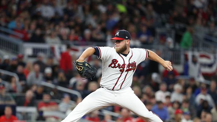 Mar 30, 2018; Atlanta, GA, USA; Atlanta Braves relief pitcher A.J. Minter (33) delivers a pitch to a Philadelphia Phillies batter during the eighth inning at SunTrust Park. Mandatory Credit: Jason Getz-USA TODAY Sports