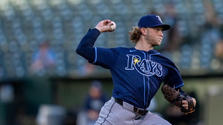 Tampa Bay Rays starting pitcher Shane Baz (11) delivers a pitch against the Oakland Athletics during the first inning at Oakland-Alameda County Coliseum on Aug 20.