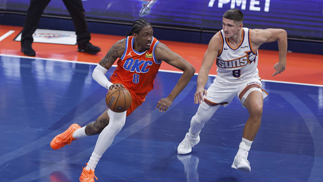 Dec 10, 2025; Oklahoma City, Oklahoma, USA; Oklahoma City Thunder guard Jalen Williams (8) drives past Phoenix Suns guard Grayson Allen (8) during the first quarter at Paycom Center. Mandatory Credit: Alonzo Adams-Imagn Images Dec 10, 2025; Oklahoma City, Oklahoma, USA; Oklahoma City Thunder guard Jalen Williams (8) drives past Phoenix Suns guard Grayson Allen (8) during the first quarter at Paycom Center. Mandatory Credit: Alonzo Adams-Imagn Images
