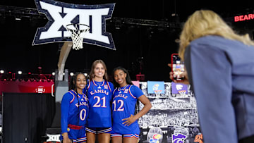 Oct 22, 2024; Kansas City, MO, USA; Kansas Jayhawks guard Wyvette Mayberry (0) and guard Elle Evans (21) and guard S’Mya Nichols (12) pose for a photo during Big 12 Women’s Basketball Media Day at T-Mobile Center. Mandatory Credit: Jay Biggerstaff-Imagn Images