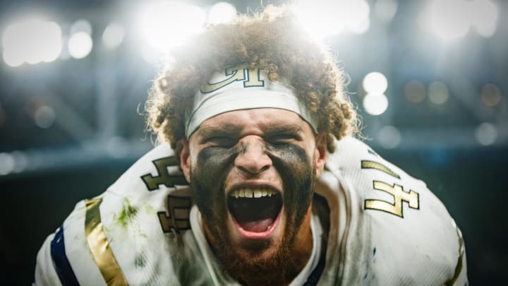 Georgia Tech linebacker Kyle Efford celebrates after the win over Florida State