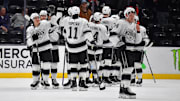 Nov 29, 2024; Anaheim, California, USA; Los Angeles Kings celebrate the victory against the Anaheim Ducks at Honda Center. Mandatory Credit: Gary A. Vasquez-Imagn Images
