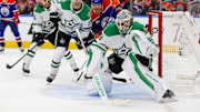 May 27, 2025; Edmonton, Alberta, CAN; Edmonton Oilers right wing Corey Perry (90) skates between Dallas Stars defenseman Esa Lindell (23) and goaltender Jake Oettinger (29) during the third period in game four of the Western Conference Final of the 2025 Stanley Cup Playoffs at Rogers Place. Mandatory Credit: Perry Nelson-Imagn Images