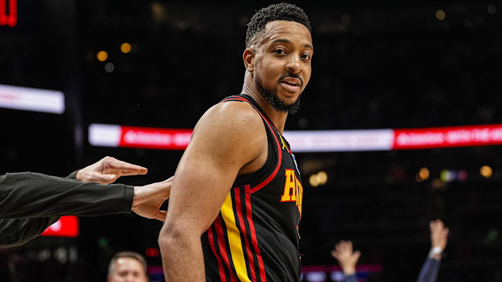 Apr 6, 2026; Atlanta, Georgia, USA; Atlanta Hawks guard CJ McCollum (3) reacts after making a shot from beyond half court that would have tied the game but was ruled after time expired against the New York Knicks during the second half at State Farm Arena. Mandatory Credit: Dale Zanine-Imagn Images