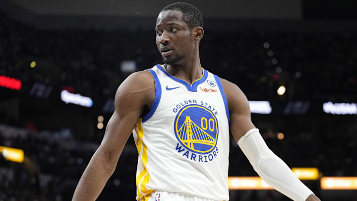 Mar 11, 2024; San Antonio, Texas, USA; Golden State Warriors forward Jonathan Kuminga (00) reacts to a call by an official during the first half against the San Antonio Spurs at Frost Bank Center. Mandatory Credit: Scott Wachter-Imagn Images