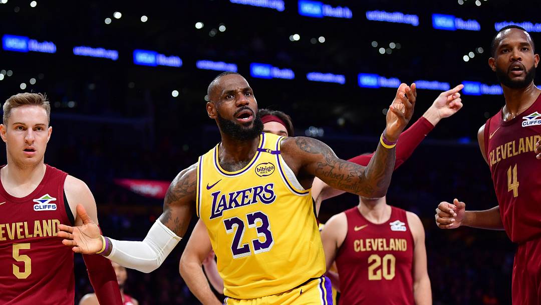 Dec 31, 2024; Los Angeles, California, USA; Los Angeles Lakers forward LeBron James (23) reacts during the first half at Crypto.com Arena. Mandatory Credit: Gary A. Vasquez-Imagn Images