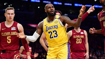 Dec 31, 2024; Los Angeles, California, USA; Los Angeles Lakers forward LeBron James (23) reacts during the first half at Crypto.com Arena. Mandatory Credit: Gary A. Vasquez-Imagn Images