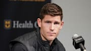 Jan 7, 2023; Columbia, Missouri, USA; Missouri Tigers football team new offensive coordinator/quarterbacks coach Kirby Moore answers questions from reporters before the basketball game against the Vanderbilt Commodores Mizzou Arena. Mandatory Credit: Denny Medley-Imagn Images
