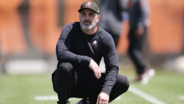 May 10, 2025; Berea, OH, USA; Cleveland Browns head coach Kevin Stefanski watches during rookie minicamp at CrossCountry Mortgage Campus. Mandatory Credit: Ken Blaze-Imagn Images