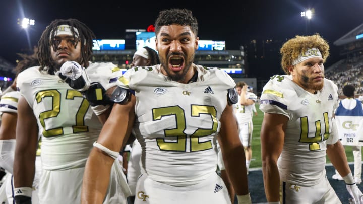 Aug 31, 2024; Atlanta, Georgia, USA; Georgia Tech Yellow Jackets defensive lineman Sylvain Yondjouen (32) celebrates after a victory against Georgia State Panthers at Bobby Dodd Stadium at Hyundai Field. Mandatory Credit: Brett Davis-USA TODAY Sports