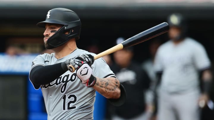 Apr 9, 2024; Cleveland, Ohio, USA; Chicago White Sox center fielder Kevin Pillar (12) hits an RBI