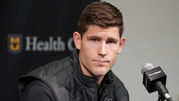 Jan 7, 2023; Columbia, Missouri, USA; Missouri Tigers football team new offensive coordinator/quarterbacks coach Kirby Moore answers questions from reporters before the basketball game against the Vanderbilt Commodores Mizzou Arena. Mandatory Credit: Denny Medley-Imagn Images