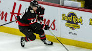 Apr 17, 2025; Ottawa, Ontario, CAN; Ottawa Senators left wing Fabian Zetterlund (20) moves the puck in the third period against the Carolina Hurricanes at the Canadian Tire Centre. Mandatory Credit: Marc DesRosiers-Imagn Images