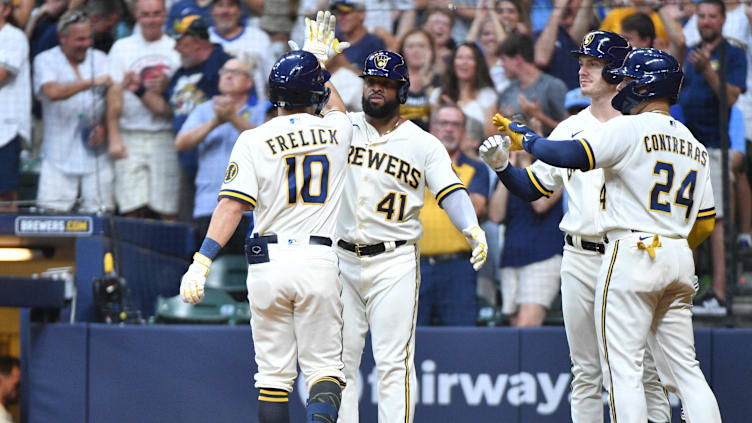 Aug 3, 2023; Milwaukee, Wisconsin, USA; Milwaukee Brewers outfielder Sal Frelick (10) high-fives