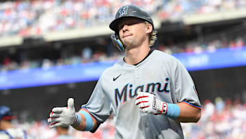 Apr 20, 2025; Philadelphia, Pennsylvania, USA; Miami Marlins outfielder Kyle Stowers (28) reacts after hitting a RBI sacrifice fly during the tenth inning against the Philadelphia Phillies at Citizens Bank Park. Mandatory Credit: Eric Hartline-Imagn Images