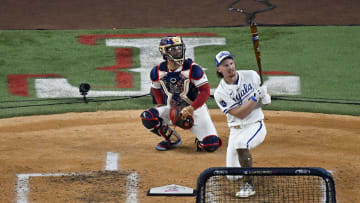 Jul 15, 2024; Arlington, TX, USA; American League shortstop Bobby Witt Jr. of the Kansas City Royals (7) bats during the semi finals of the 2024 All Star Game Home Run Derby at Globe Life Field.