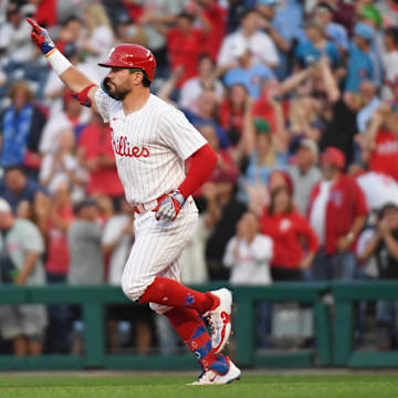 Sep 10, 2024; Philadelphia, Pennsylvania, USA; Philadelphia Phillies designated hitter Kyle Schwarber (12) celebrates his home run during the first inning against the Tampa Bay Rays at Citizens Bank Park.