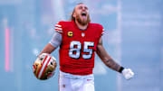 October 19, 2025; Santa Clara, California, USA; San Francisco 49ers tight end George Kittle (85) before the game against the Atlanta Falcons at Levi's Stadium. Mandatory Credit: Kyle Terada-Imagn Images