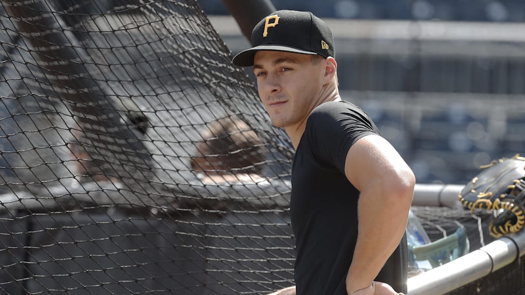 Konnor Griffin who was the ninth overall pick in first round looks on at the batting cage before a game at PNC Park. Konnor Griffin who was the ninth overall pick in first round looks on at the batting cage before a game at PNC Park.