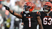 Oct 26, 2025; Cincinnati, Ohio, USA; Cincinnati Bengals wide receiver Ja'Marr Chase (1) reacts during the fourth quarter against the New York Jets at Paycor Stadium. Mandatory Credit: Joseph Maiorana-Imagn Images