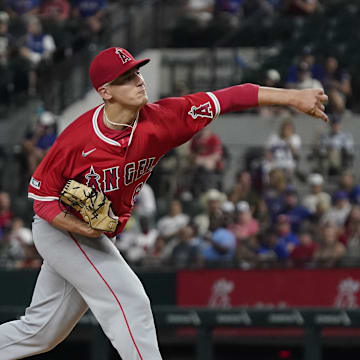 Sep 6, 2024; Arlington, Texas, USA; Los Angeles Angels pitcher Samuel Aldegheri (66) throws to the plate during the first inning against the Texas Rangers at Globe Life Field. Mandatory Credit: Raymond Carlin III-Imagn Images