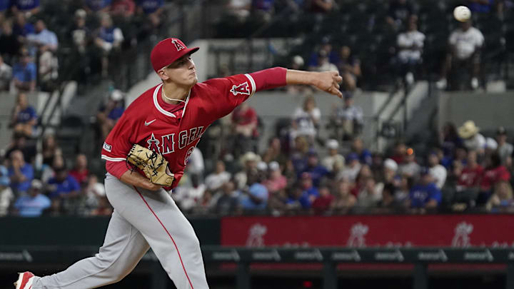 Sep 6, 2024; Arlington, Texas, USA; Los Angeles Angels pitcher Samuel Aldegheri (66) throws to the plate during the first inning against the Texas Rangers at Globe Life Field. Mandatory Credit: Raymond Carlin III-Imagn Images