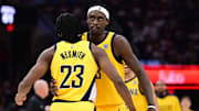 May 4, 2025; Cleveland, Ohio, USA; Indiana Pacers forward Pascal Siakam (43) celebrates with forward Aaron Nesmith (23) during the second half against the Cleveland Cavaliers in game one of the second round for the 2025 NBA Playoffs at Rocket Arena. Mandatory Credit: Ken Blaze-Imagn Images