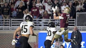 Nov 1, 2025; Tallahassee, Florida, USA; Florida State Seminoles wide receiver Duce Robinson (0) catches a pass during the second half against the Wake Forest Demon Deacons at Doak S. Campbell Stadium. Mandatory Credit: Melina Myers-Imagn Images