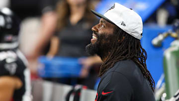 Aug 23, 2024; Atlanta, Georgia, USA; Atlanta Falcons linebacker Matthew Judon (15) on the sideline against the Jacksonville Jaguars in the second half at Mercedes-Benz Stadium.