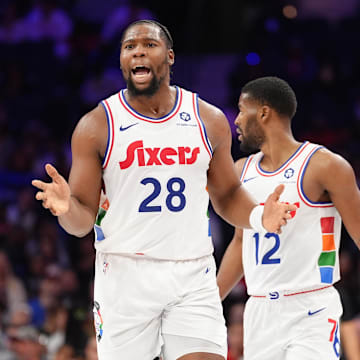 Philadelphia 76ers forward Guerschon Yabusele reacts against the Minnesota Timberwolves. Mandatory Credit: Kyle Ross-Imagn Images