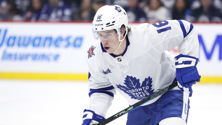 Jan 27, 2024; Winnipeg, Manitoba, CAN; Toronto Maple Leafs right wing Mitchell Marner (16) waits for a face off  in the second period against the Winnipeg Jets at Canada Life Centre. Mandatory Credit: James Carey Lauder-USA TODAY Sports