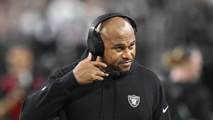 Aug 17, 2024; Paradise, Nevada, USA; Las Vegas Raiders head coach Antonio Pierce at the start of the game against the Dallas Cowboys at Allegiant Stadium. Mandatory Credit: Candice Ward-USA TODAY Sports